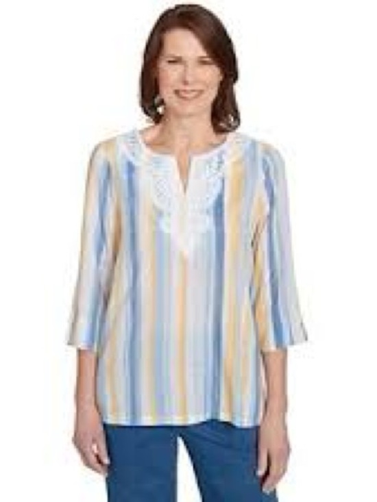 Alfred Dunner Tops - Alfred Dunner Yellow, Blue and White Striped Tunic with Lace V-Neck